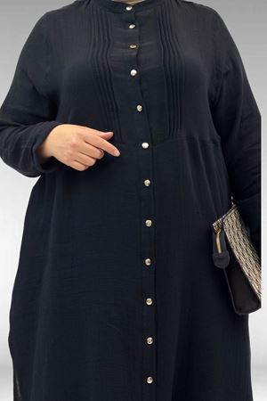 67023 Büyük Beden Önü Pile Detaylı Müslin Pantolonlu Takım - Siyah