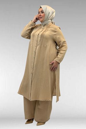 67023 Büyük Beden Önü Pile Detaylı Müslin Pantolonlu Takım - Bej