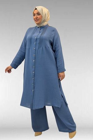 67023 Büyük Beden Önü Pile Detaylı Müslin Pantolonlu Takım - İndigo