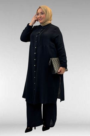 67023 Büyük Beden Önü Pile Detaylı Müslin Pantolonlu Takım - Siyah