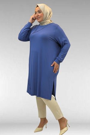 68005 Büyük Beden İnci Çakma Detaylı Penye Tunik - İndigo