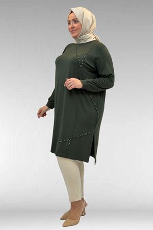 68005 Büyük Beden İnci Çakma Detaylı Penye Tunik - Haki