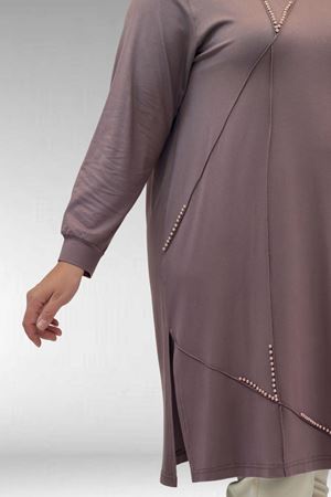 68005 Büyük Beden İnci Çakma Detaylı Penye Tunik - Vizon