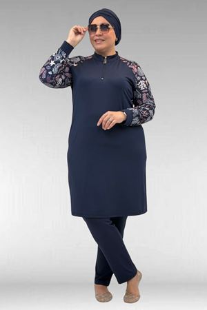 1732 Büyük Beden Balıkçı Yaka Fermuarlı Mayo - Karışık Desen Laci-Laci