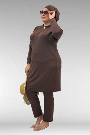 1732 Büyük Beden Balıkçı Yaka Fermuarlı Mayo - Kahve