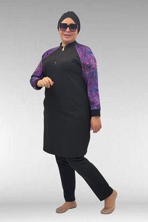 1732 Büyük Beden Balıkçı Yaka Fermuarlı Mayo - Yaprak Desen Mor-Siyah