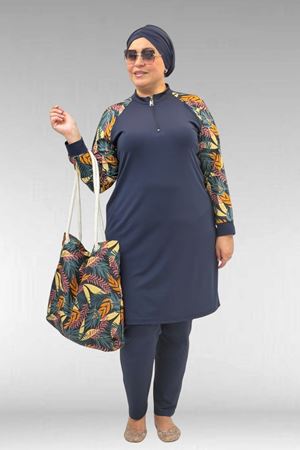 1732 Büyük Beden Balıkçı Yaka Fermuarlı Mayo - Yaprak Desen Hardal-Laci