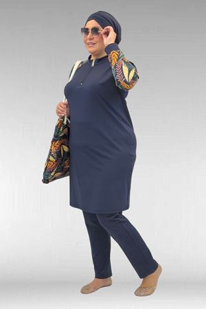 1732 Büyük Beden Balıkçı Yaka Fermuarlı Mayo - Yaprak Desen Hardal-Laci