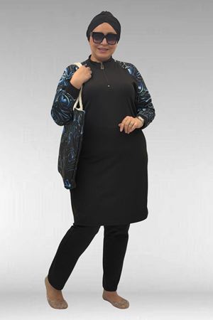 1732 Büyük Beden Balıkçı Yaka Fermuarlı Mayo - Aqua Mavi-Siyah