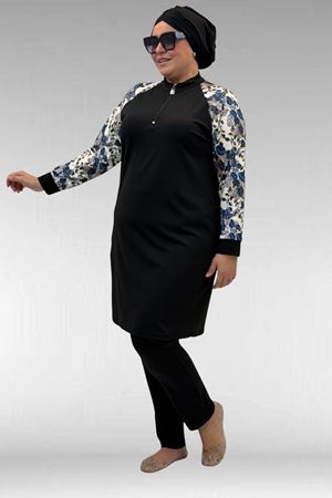 1732 Büyük Beden Balıkçı Yaka Fermuarlı Mayo - Yaprak Desen Mavi-Siyah