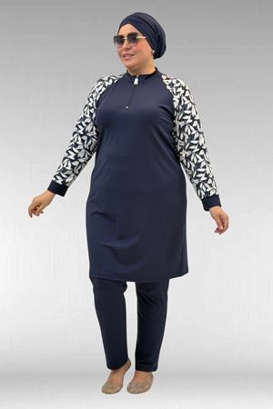 1732 Büyük Beden Balıkçı Yaka Fermuarlı Mayo - Yaprak Desen Ekru-Laci