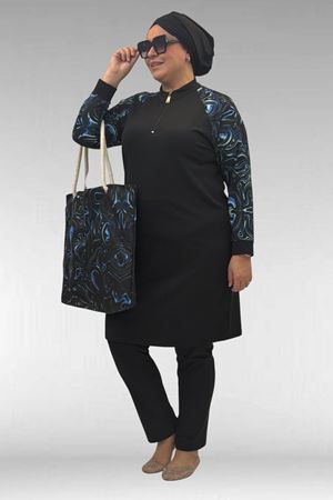 1732 Büyük Beden Balıkçı Yaka Fermuarlı Mayo - Aqua Mavi-Siyah