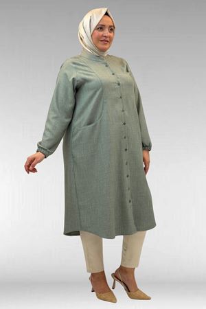 68017 Büyük Beden Hakim Yakalı Kolları Lastikli Tunik - Nefti