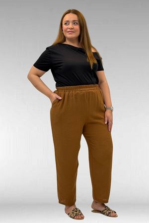 59022 Büyük Beden Paçası Yarım Lastikli Müslin Pantolon - Kahve