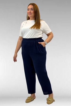 59022 Büyük Beden Paçası Yarım Lastikli Müslin Pantolon - Lacivert