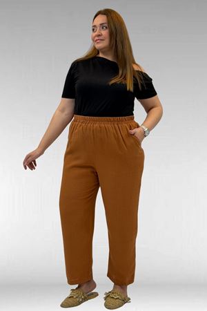 59022 Büyük Beden Paçası Yarım Lastikli Müslin Pantolon - Tarçın