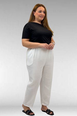 59022 Büyük Beden Paçası Yarım Lastikli Müslin Pantolon - Ekru