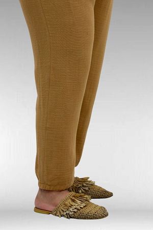 59022 Büyük Beden Paçası Yarım Lastikli Müslin Pantolon - Bisküvi