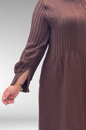 66004 Büyük Beden Pile Detaylı Keten Ferace - Kahve