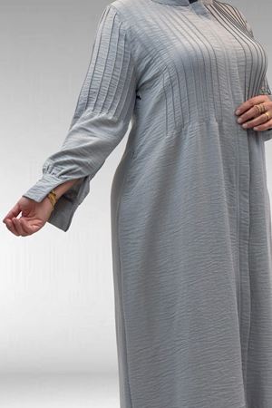 66004 Büyük Beden Pile Detaylı Keten Ferace - Gri