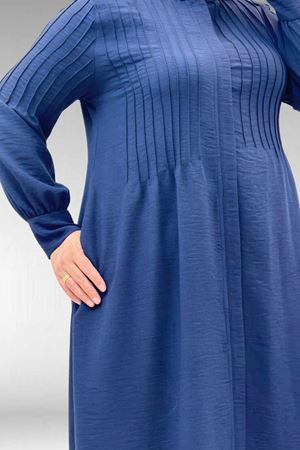 66004 Büyük Beden Pile Detaylı Keten Ferace - Lacivert