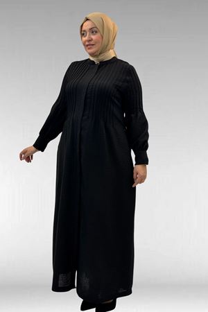 66004 Büyük Beden Pile Detaylı Keten Ferace - Siyah