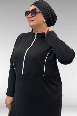 1733 Büyük Beden Fermuarlı Tesettür Mayo - Siyah