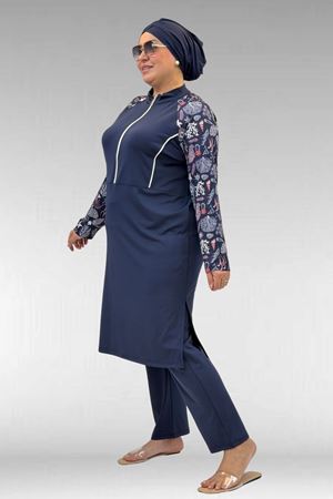 1733 Büyük Beden Fermuarlı Tesettür Mayo - Karışık Desen Laci-Laci