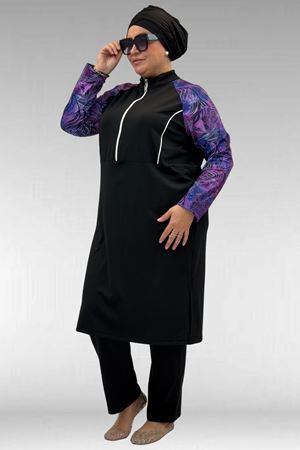 1733 Büyük Beden Fermuarlı Tesettür Mayo - Yaprak Desen Mor-Siyah