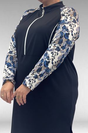 1733 Büyük Beden Fermuarlı Tesettür Mayo - Yaprak Desen Mavi-Siyah