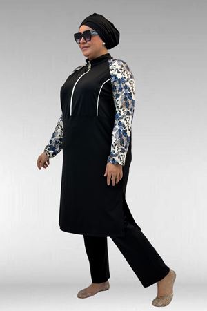 1733 Büyük Beden Fermuarlı Tesettür Mayo - Yaprak Desen Mavi-Siyah