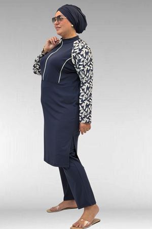 1733 Büyük Beden Fermuarlı Tesettür Mayo - Yaprak Desen Ekru-Laci