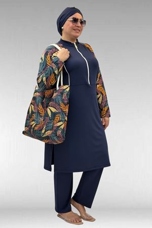 1733 Büyük Beden Fermuarlı Tesettür Mayo - Yaprak Desen Hardal-Laci
