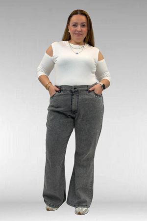 69004 Büyük Beden Yanları Taşlı İspanyol Kot Pantolon - Siyah