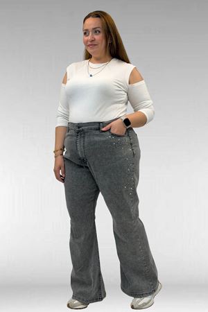 69004 Büyük Beden Yanları Taşlı İspanyol Kot Pantolon - Siyah