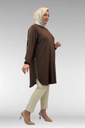 68016 Büyük Beden Yanları Taş Detaylı Penye Tunik - Kahve