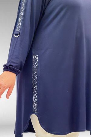 68016 Büyük Beden Yanları Taş Detaylı Penye Tunik - Lacivert