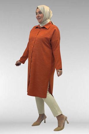 68018 Büyük Beden Düşük Kol Gömlek - Kiremit