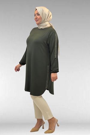 68016 Büyük Beden Yanları Taş Detaylı Penye Tunik - Haki