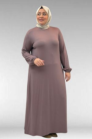 22008 Büyük Beden Kolu Lastikli Elbise - Vizon