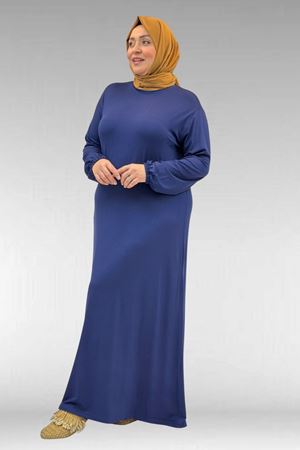 22008 Büyük Beden Kolu Lastikli Penye Elbise - İndigo