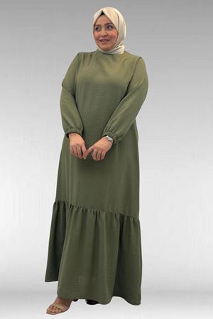 42027 Büyük Beden Eteği Büzgülü  Keten Elbise - Haki