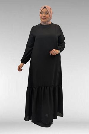 42027 Büyük Beden Eteği Büzgülü  Keten Elbise - Siyah