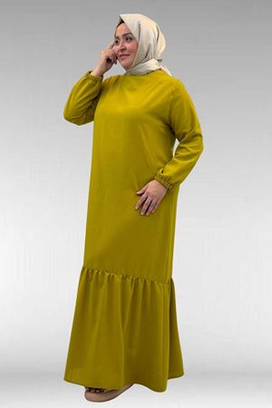 42027 Büyük Beden Eteği Büzgülü  Keten Elbise - Yağ Yeşili