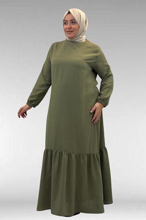 42027 Büyük Beden Eteği Büzgülü  Keten Elbise - Haki