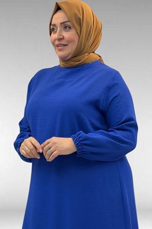 42027 Büyük Beden Eteği Büzgülü  Keten Elbise - Saks