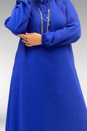 42010 Büyük Beden Keten Airobin Zincir Detaylı Elbise - Saks