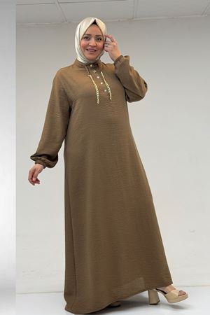 42010 Büyük Beden Keten Airobin Zincir Detaylı Elbise - Vizon