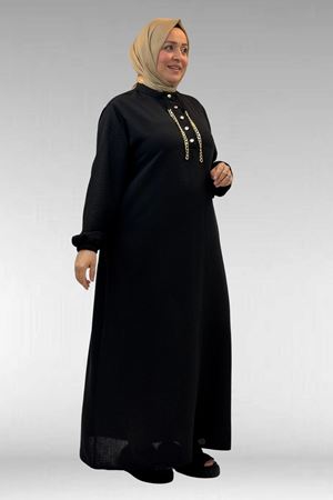 42010 Büyük Beden Keten Airobin Düğmeli Elbise-Siyah