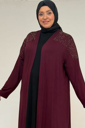 53069 Büyük Beden Omzu Taş Detaylı Penye Ceket - Bordo